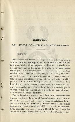 Discurso del señor don Juan Agustín Barriga