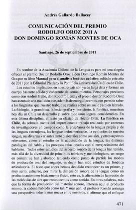 Comunicación del Premio Rodolfo Oroz 2011 a don Domingo Román Montes de Oca (Santiago, 26 de septiembre de 2011)