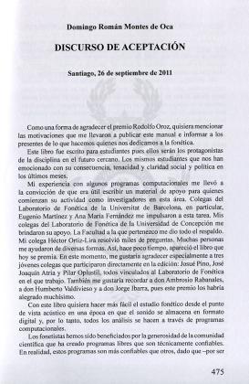Discurso de aceptación (Santiago, 26 de septiembre de 2011) 