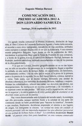 Comunicación del Premio Academia 2012 a don Leonardo Sanhueza (Santiago, 24 de septiembre de 2012)