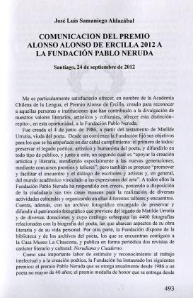 Comunicación del Premio Alonso de Ercilla 2012 a la Fundación Pablo Neruda (Santiago, 24 de septiembre de 2012) 
