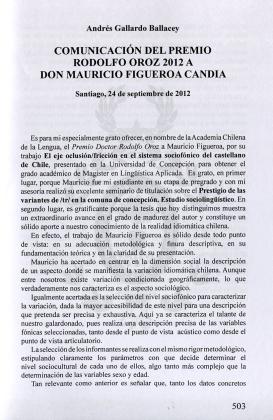 Comunicación del Premio Rodolfo Oroz 2012 a don Mauricio Figueroa Candia (Santiago, 24 de septiembre de 2012)